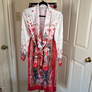 Floral Satin Kimono Robe - Red and White